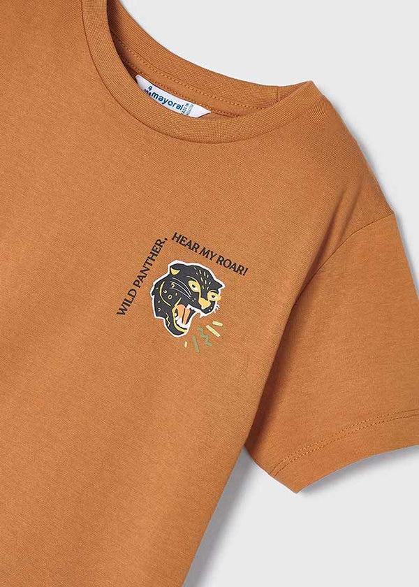Camiseta mostaza Hear My Roar de Mayoral para niño, pantera al frente