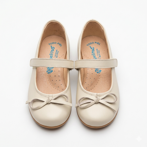 Balerina de piel beige con trabilla y lazo de Angelitos