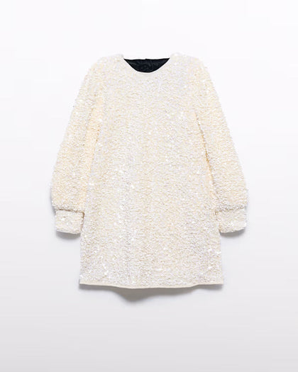Vestido Blanco de Lentejuelas con Lazo de Terciopelo Negro